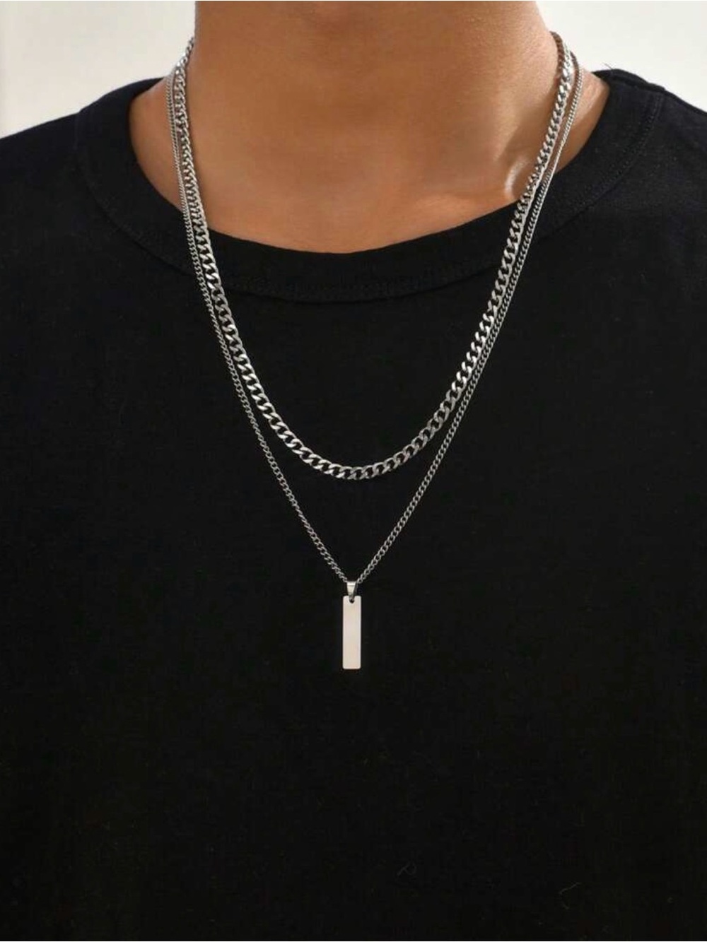 Men’s Layered Silver Bar Pendant Necklace Set